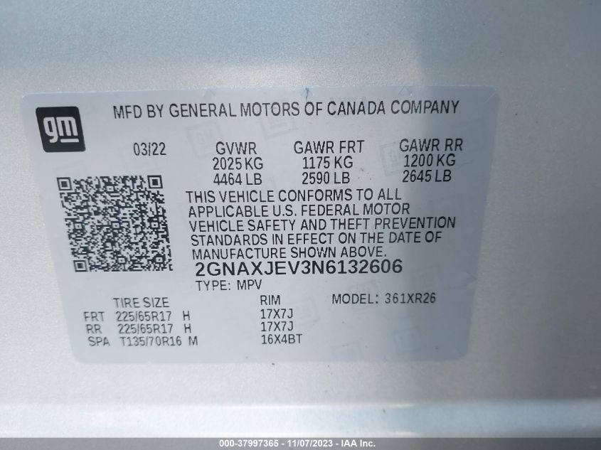 2022 CHEVROLET EQUINOX LT - 2GNAXJEV3N6132606