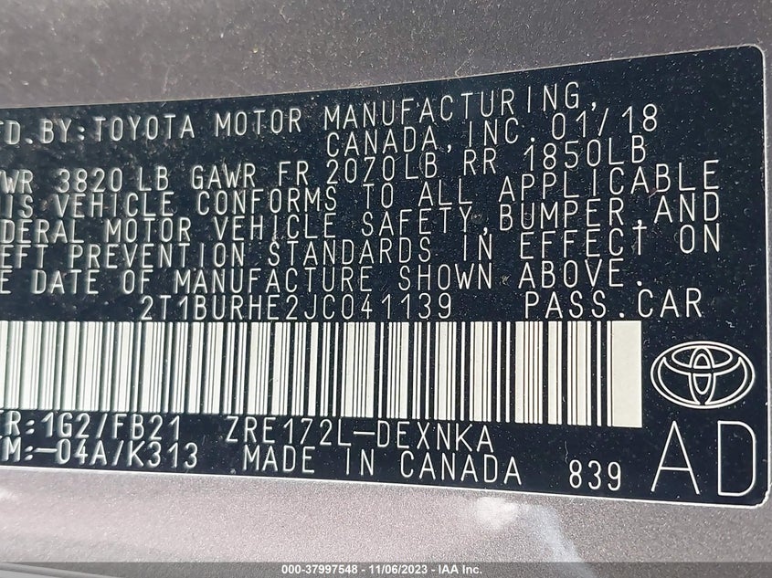 VIN 2T1BURHE2JC041139 2018 TOYOTA COROLLA L/LE/XLE/SE/XSE