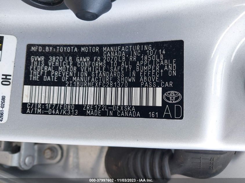 2015 TOYOTA COROLLA S PLUS - 2T1BURHEXFC281370