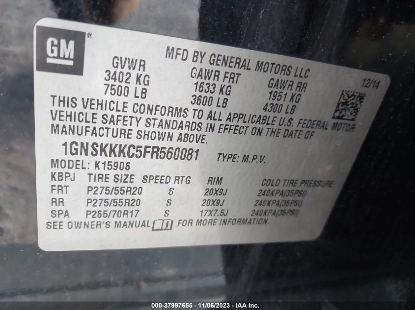 2015 CHEVROLET SUBURBAN 1500 LTZ 1GNSKKKC5FR560081