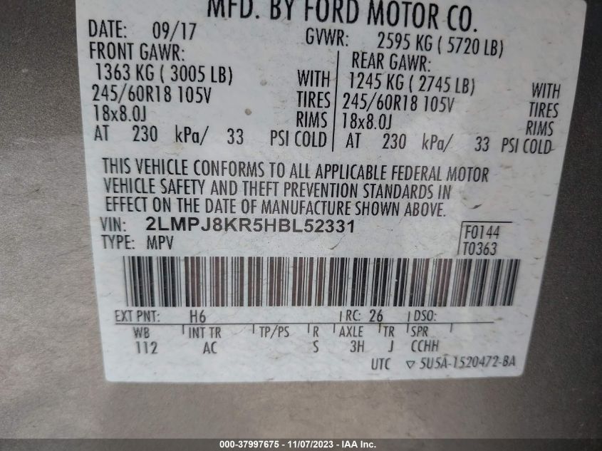 2017 LINCOLN MKX SELECT - 2LMPJ8KR5HBL52331