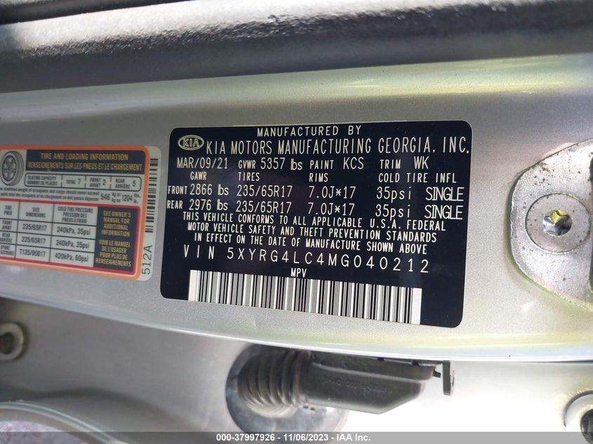 2021 KIA SORENTO 2.5L I4 FI DOHC 16V (VIN: 5XYRG4LC4MG040212