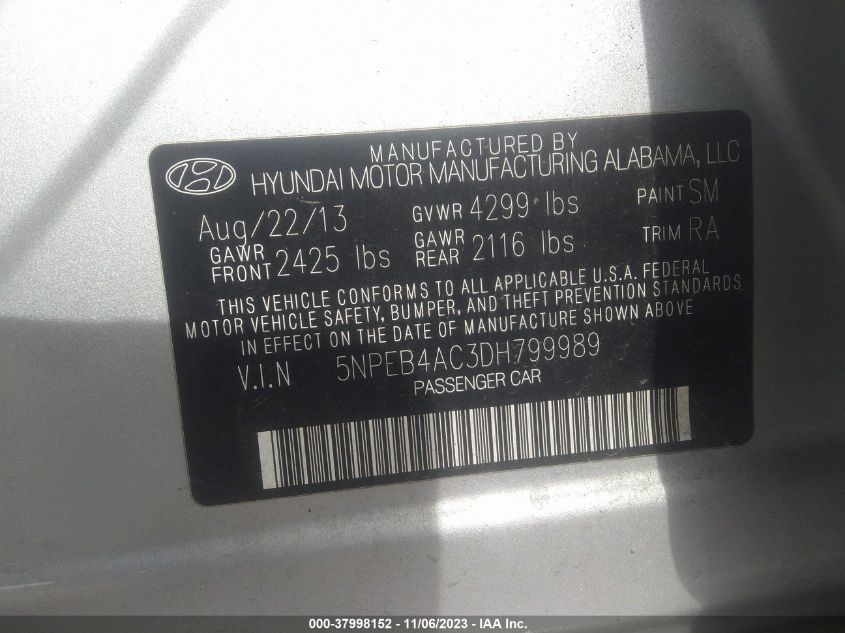 2013 HYUNDAI SONATA GLS - 5NPEB4AC3DH799989