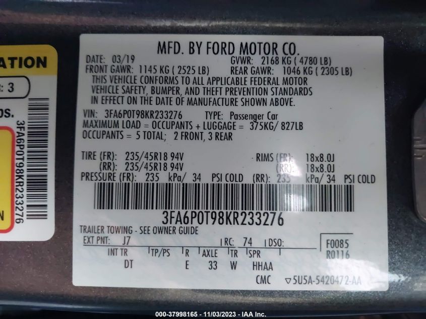 2019 FORD FUSION SE - 3FA6P0T98KR233276