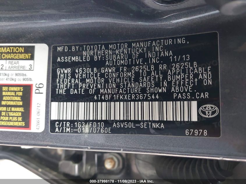 4T4BF1FKXER367544 | 2014 TOYOTA CAMRY