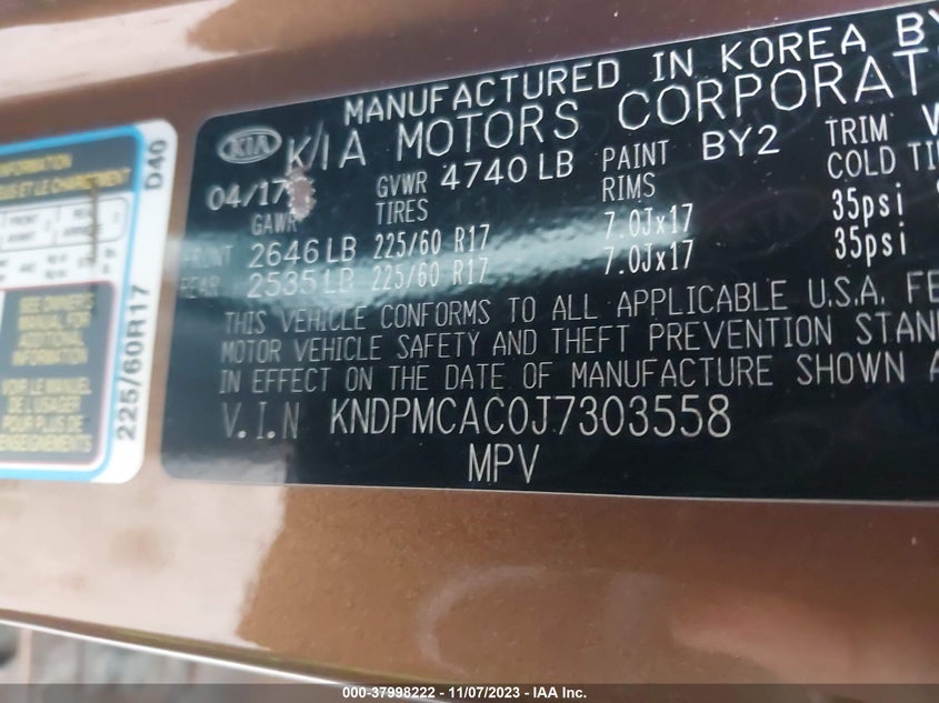 VIN KNDPMCAC0J7303558 2018 KIA SPORTAGE LX