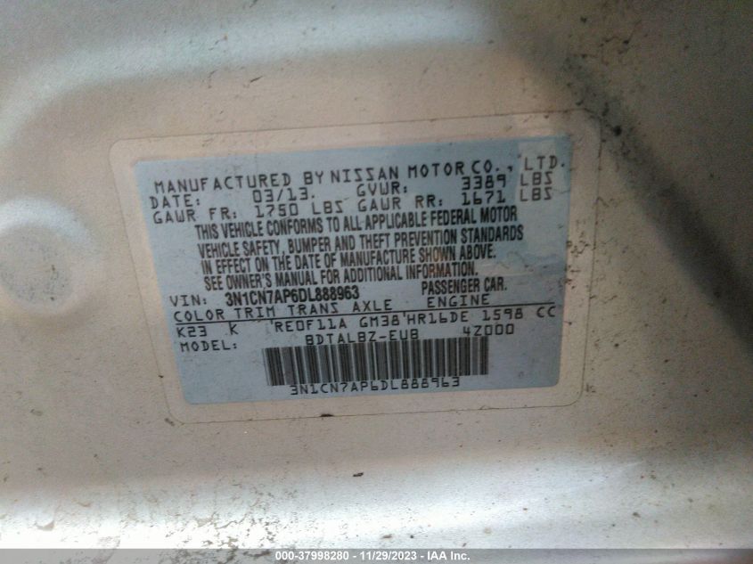 2013 NISSAN VERSA 1.6 SV - 3N1CN7AP6DL888963