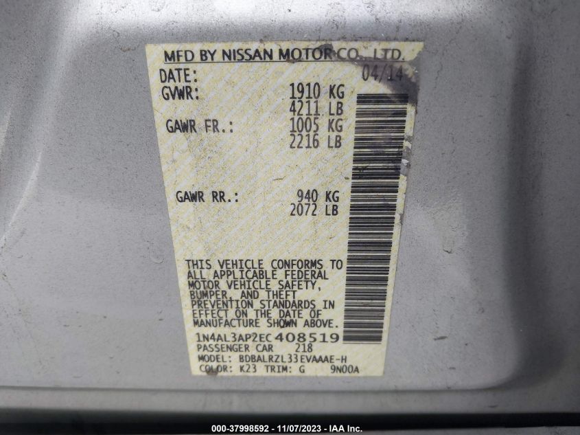 2014 NISSAN ALTIMA 2.5/S/SV/SL - 1N4AL3AP2EC408519