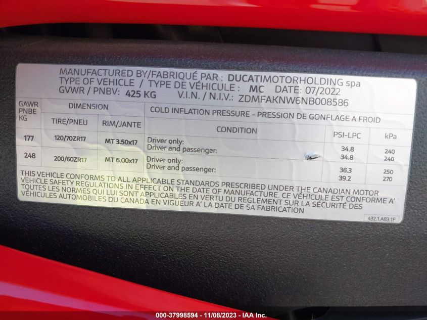 2022 DUCATI STREETFIGHTER V4/V4S ZDMFAKNW6NB008586