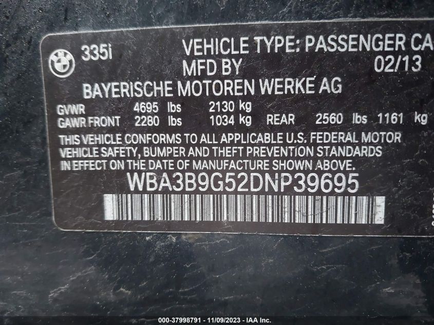 2013 BMW 335I XDRIVE WBA3B9G52DNP39695