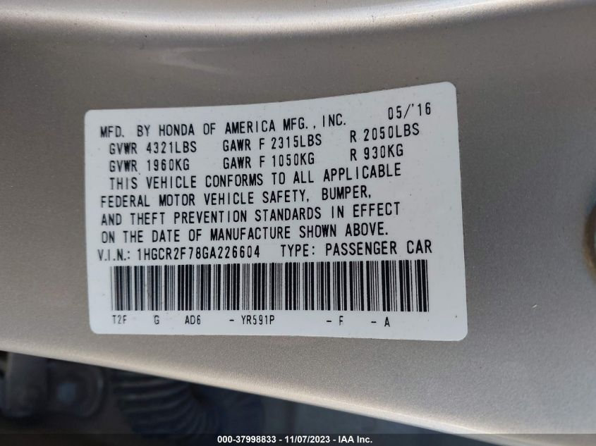 2016 HONDA ACCORD EX - 1HGCR2F78GA226604