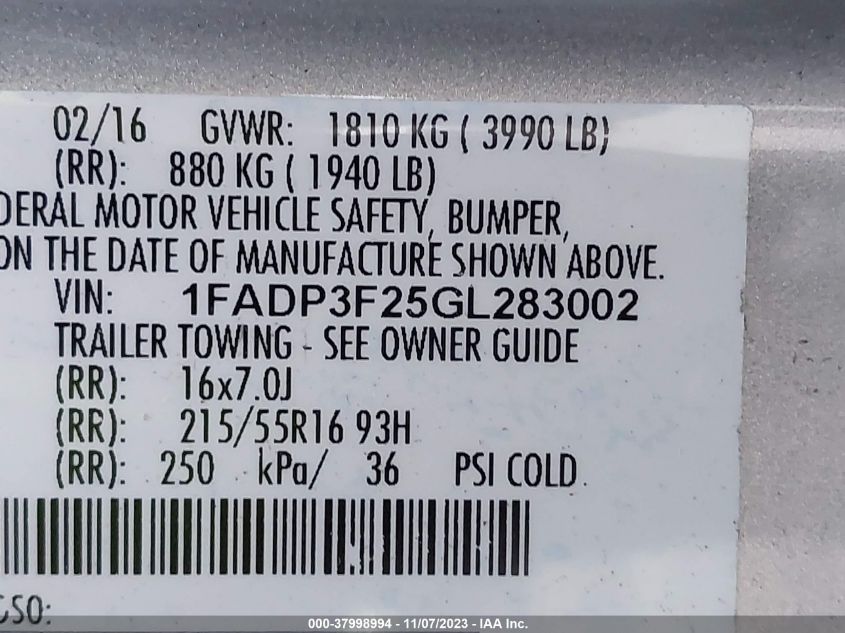 1FADP3F25GL283002 | 2016 FORD FOCUS