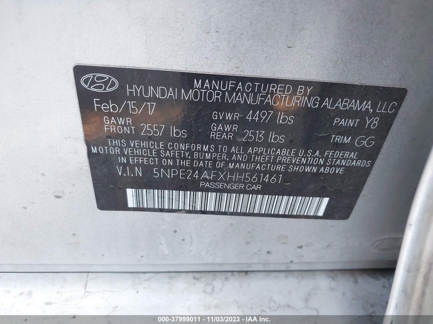 VIN 5NPE24AFXHH561461 2017 HYUNDAI SONATA SE