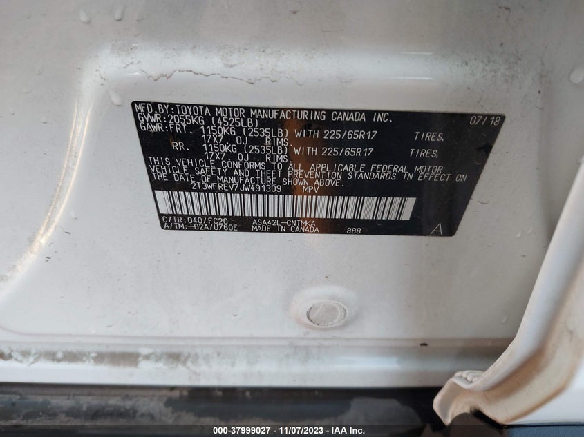 VIN 2T3WFREV7JW491309 2018 TOYOTA RAV4 XLE