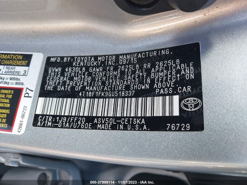 2016 TOYOTA CAMRY LE/XLE/SE/XSE - 4T1BF1FK9GU518337