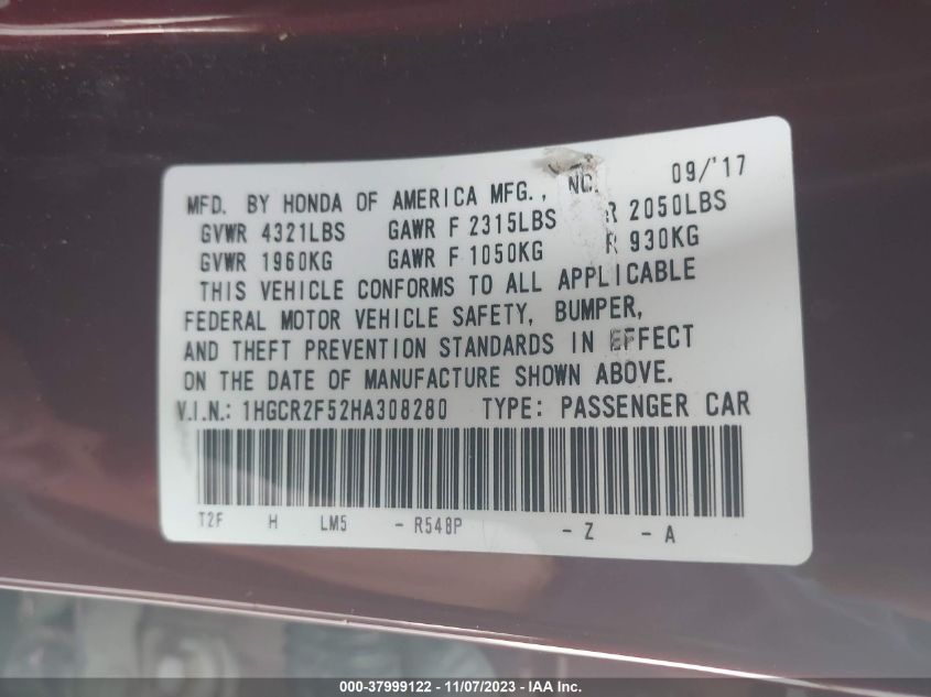 2017 HONDA ACCORD SEDAN SPORT - 1HGCR2F52HA308280