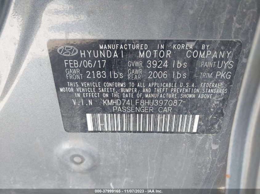 2017 HYUNDAI ELANTRA SE - KMHD74LF8HU397087