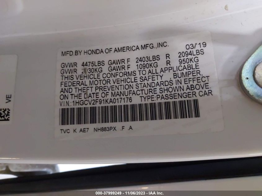 2019 HONDA ACCORD TOURING 2.0T - 1HGCV2F91KA017176