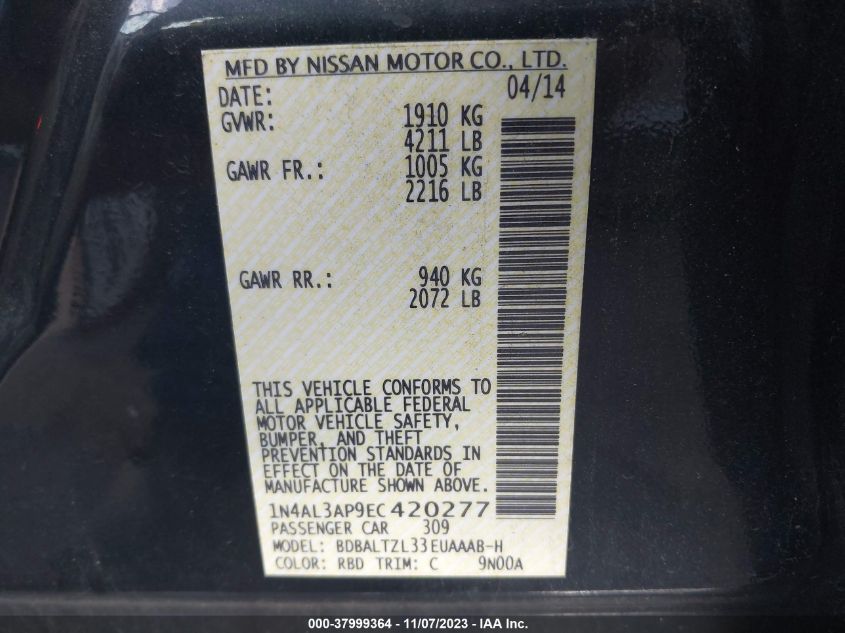 2014 NISSAN ALTIMA 2.5/S/SV/SL - 1N4AL3AP9EC420277
