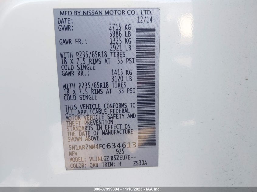 2015 NISSAN PATHFINDER SL - 5N1AR2MM4FC634613