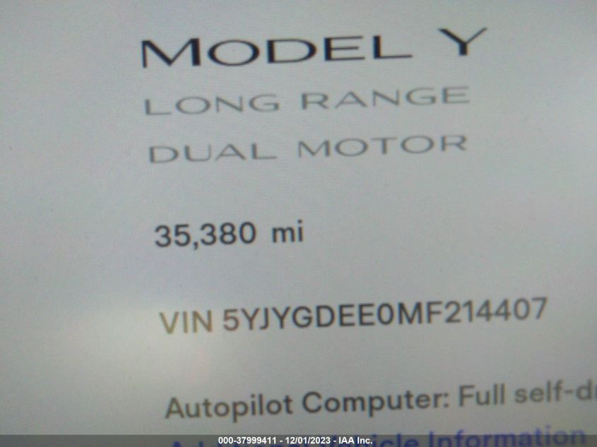 2021 TESLA MODEL Y LONG RANGE DUAL MOTOR - 5YJYGDEE0MF214407