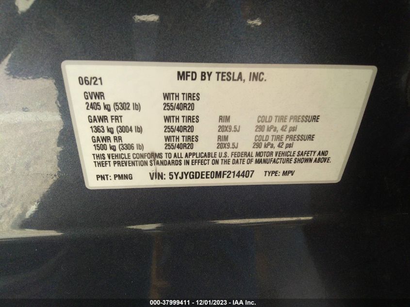 2021 TESLA MODEL Y LONG RANGE DUAL MOTOR - 5YJYGDEE0MF214407
