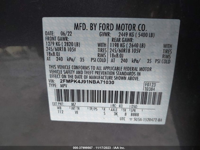 2022 FORD EDGE SEL - 2FMPK4J91NBA71030