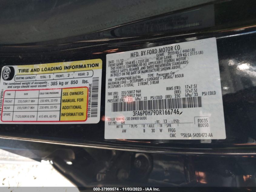 2013 FORD FUSION SE - 3FA6P0H79DR166746