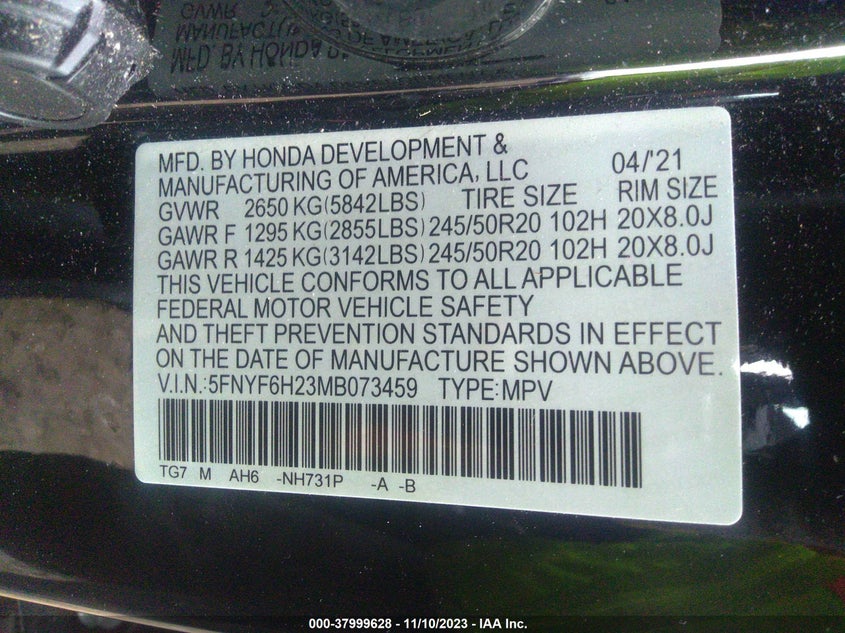 VIN 5FNYF6H23MB073459 2021 HONDA PILOT SE