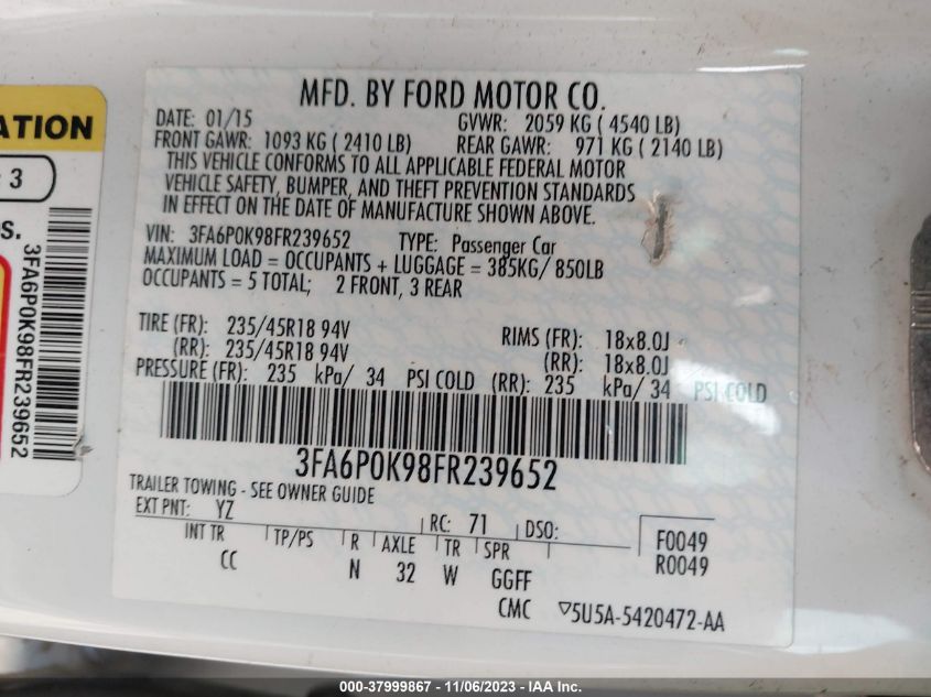 2015 FORD FUSION TITANIUM - 3FA6P0K98FR239652