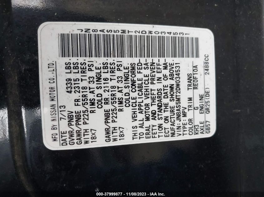 2013 NISSAN ROGUE SL - JN8AS5MT2DW034531