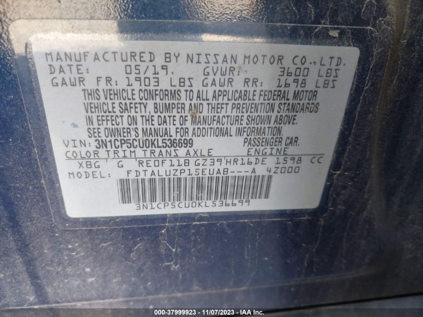 2019 NISSAN KICKS SR - 3N1CP5CU0KL536699