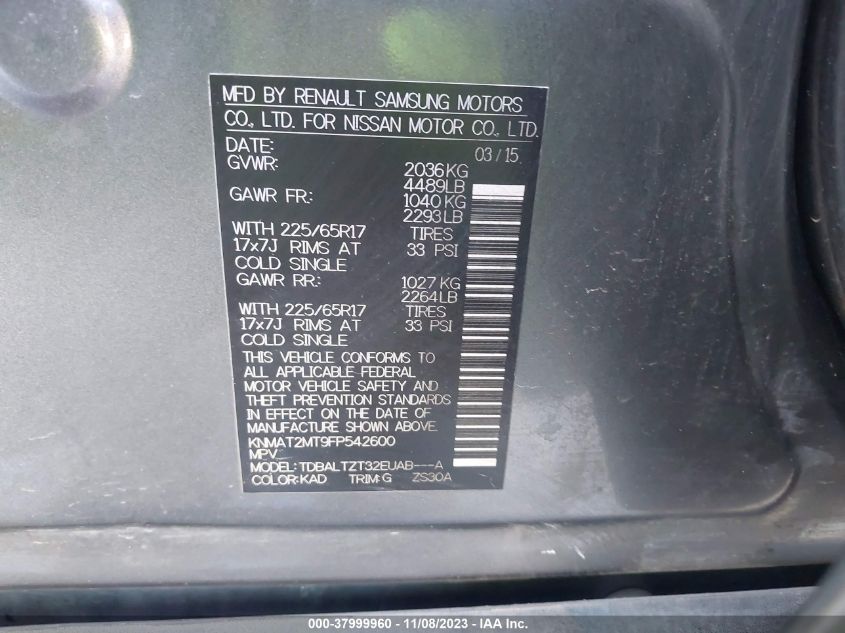 2015 NISSAN ROGUE SV - KNMAT2MT9FP542600