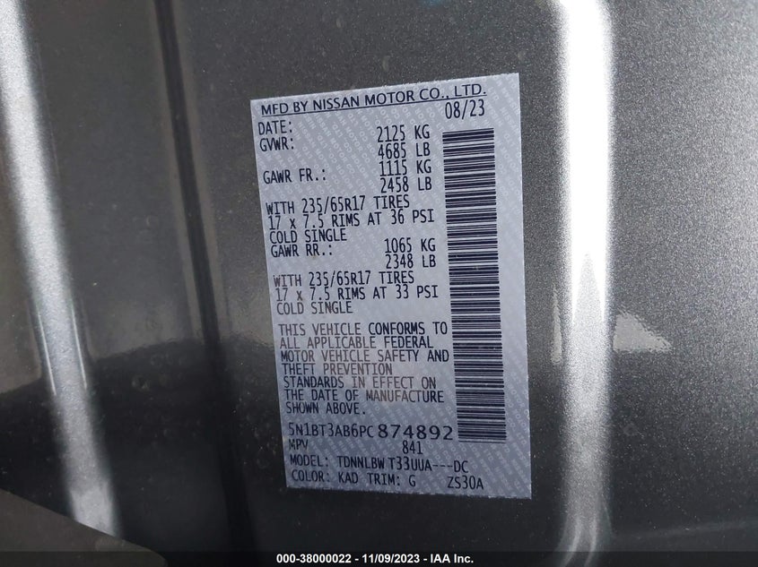 VIN 5N1BT3AB6PC874892 2023 NISSAN ROGUE S