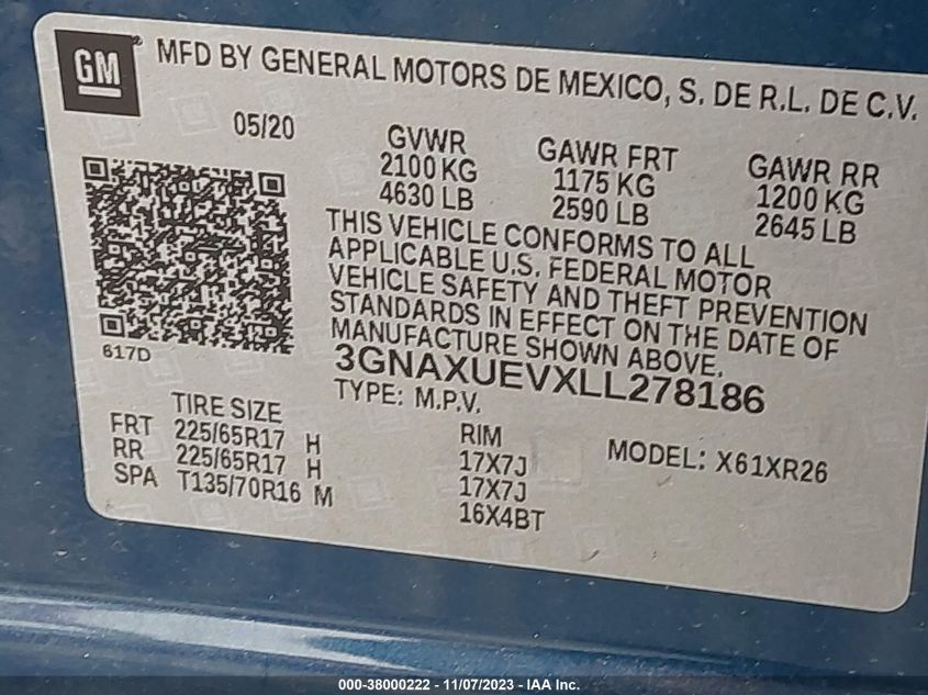 2020 CHEVROLET EQUINOX LT - 3GNAXUEVXLL278186