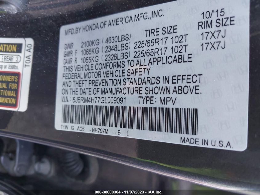 2016 HONDA CR-V EXL - 5J6RM4H77GL009091