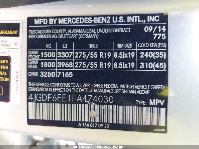 2015 MERCEDES-BENZ GL 450 4JGDF6EE1FA474030