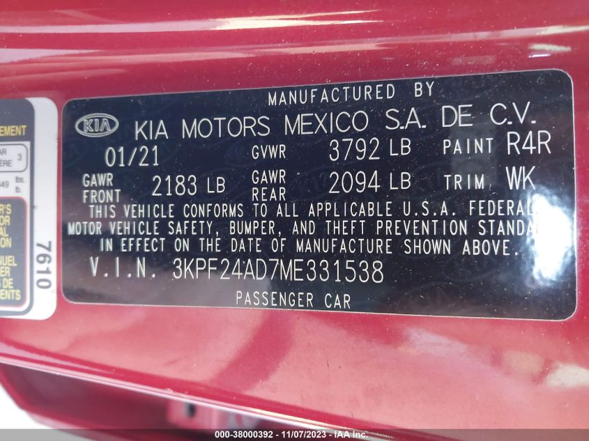 2021 KIA FORTE FE/LXS - 3KPF24AD7ME331538