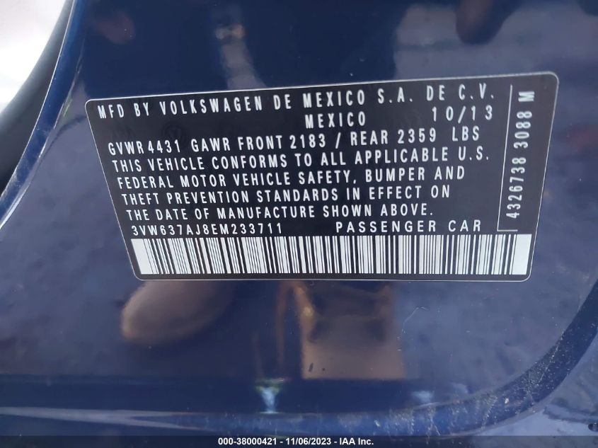 2014 VOLKSWAGEN JETTA HYBRID SE 3VW637AJ8EM233711
