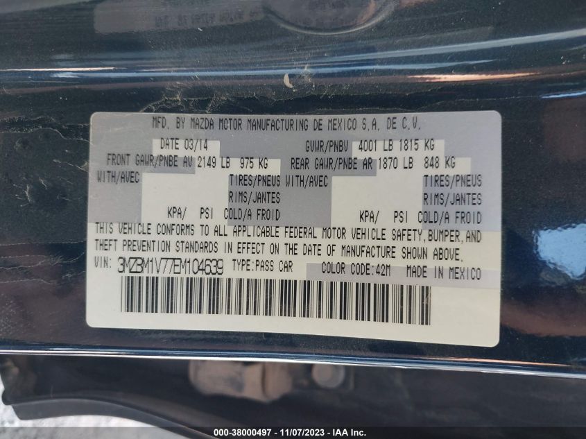 2014 MAZDA 3 TOURING 3MZBM1V77EM104639