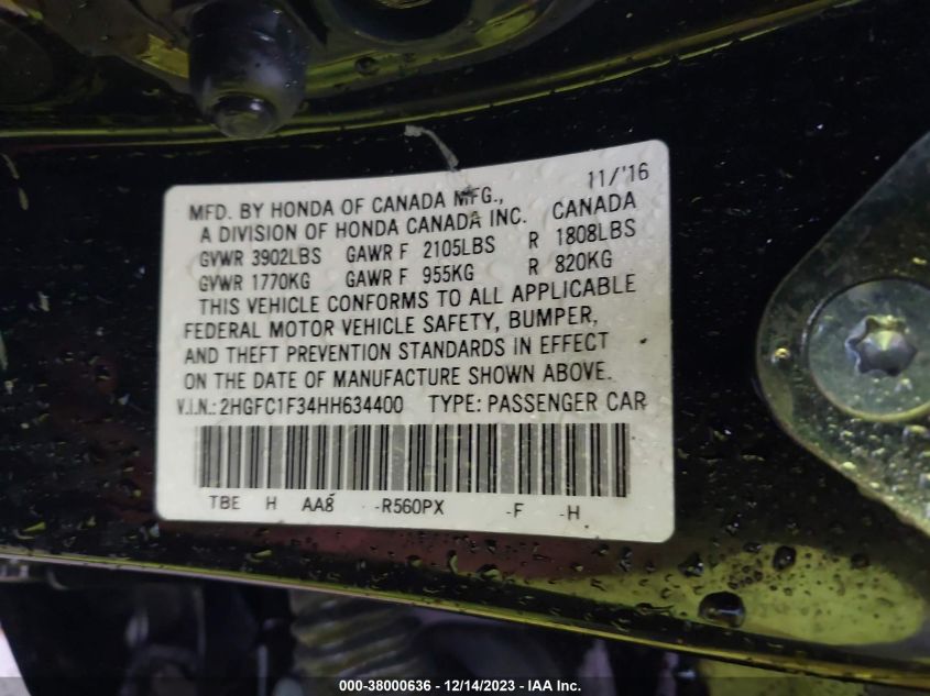 2017 HONDA CIVIC EX-T - 2HGFC1F34HH634400