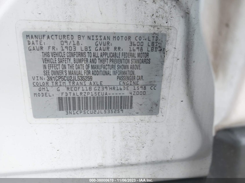 VIN 3N1CP5CU2JL535259 2018 NISSAN KICKS S