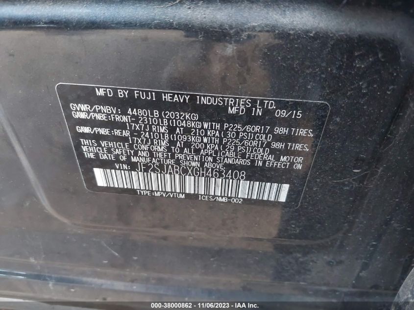 2016 SUBARU FORESTER 2.5I - JF2SJABCXGH463408