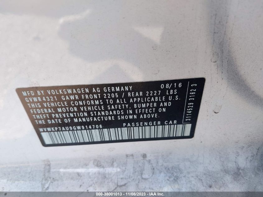 2016 VOLKSWAGEN E-GOLF SE - WVWKP7AU9GW914706