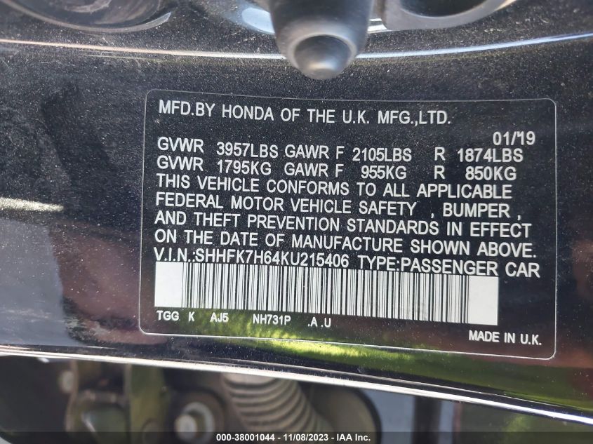 2019 HONDA CIVIC EX - SHHFK7H64KU215406