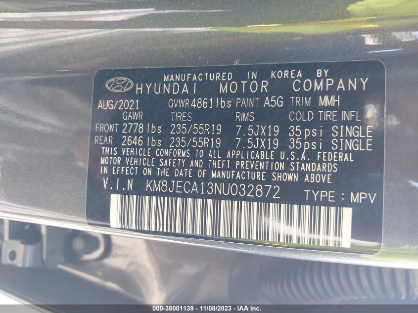 2022 HYUNDAI TUCSON HYBRID LIMITED KM8JECA13NU032872