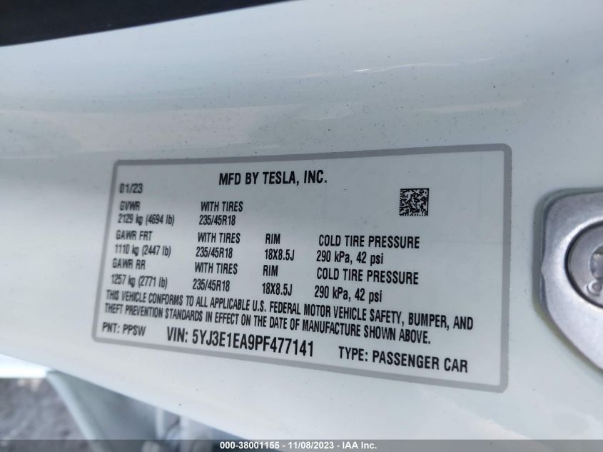 2023 TESLA MODEL 3 - 5YJ3E1EA9PF477141