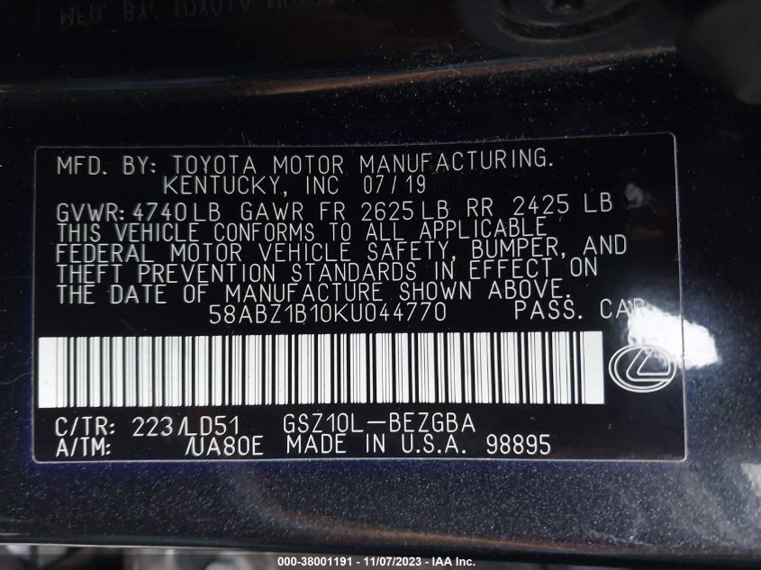 VIN 58ABZ1B10KU044770 2019 LEXUS ES 350