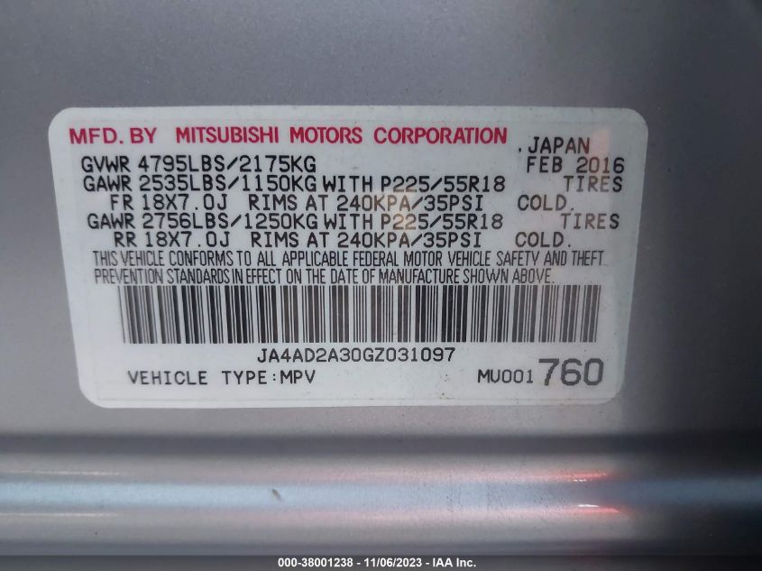 2016 MITSUBISHI OUTLANDER ES - JA4AD2A30GZ031097