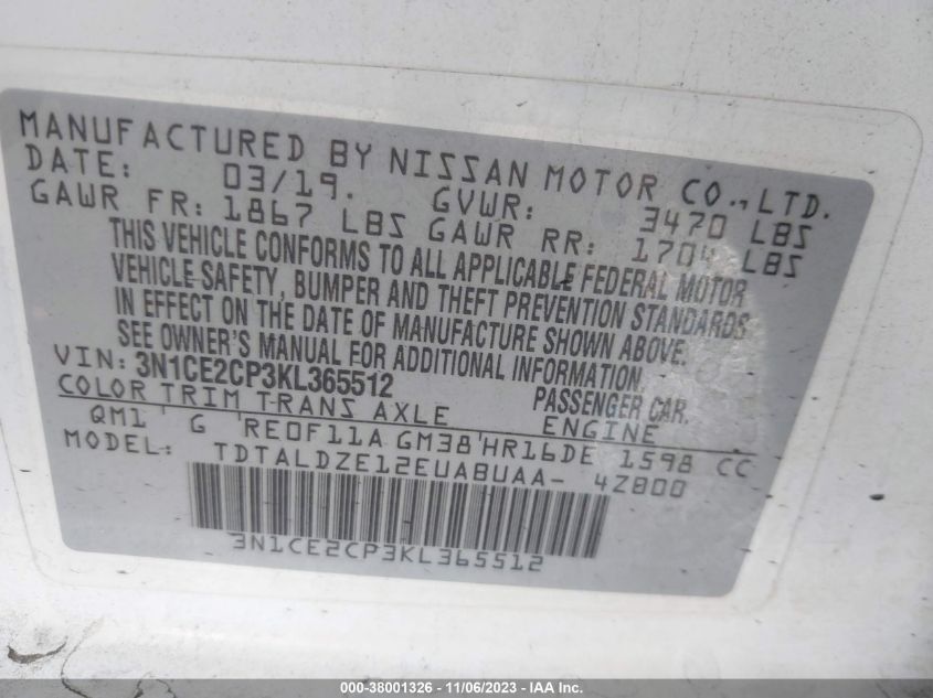 2019 NISSAN VERSA NOTE SV - 3N1CE2CP3KL365512